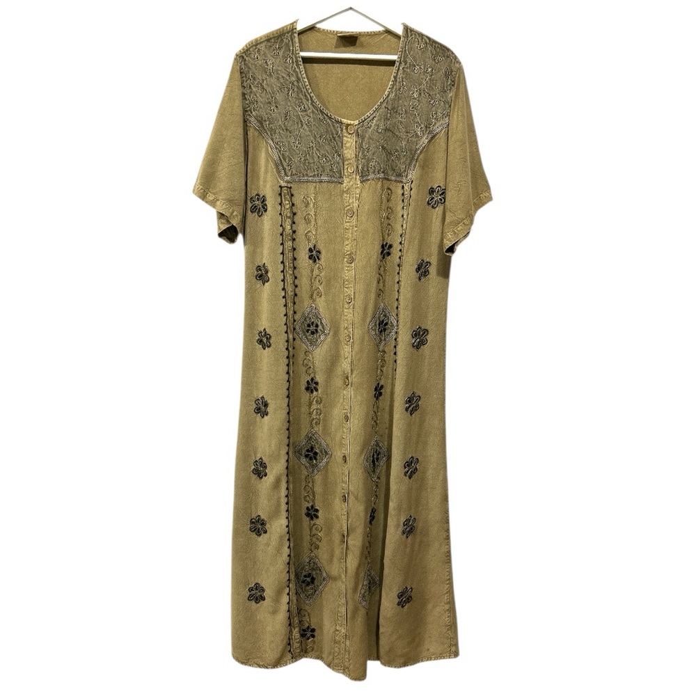 Magic Maxi Dress Button Front Embroidered Tan Green Flutter Sleeve One Size - Picture 2 of 11